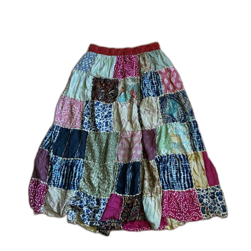 Boho Patchwork Maxi Skirt Cottagecore Multicolor 100% Cotton Drawstring Whimsy